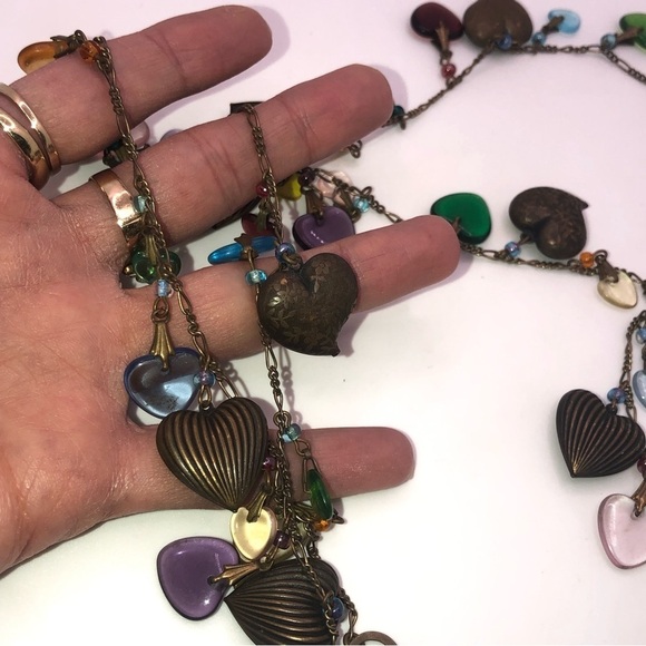 Vtg Glass Works Studio Ltd GWS Brass & Glass Heart Charm Necklace Extra Long 36” - Picture 4 of 6